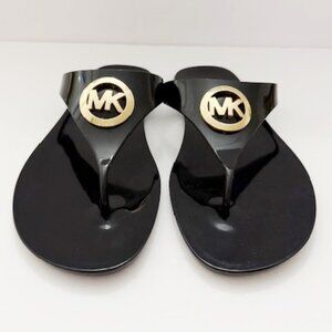 Michael Kors Lillie Jelly Thong Sandals Black Gold Logo Women’s Size 9